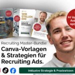 Produktgrafik des Recruiting Master-Bundles mit Social Media Vorlagen, Strategietipps und Textbeispielen für erfolgreiche Recruiting Ads.