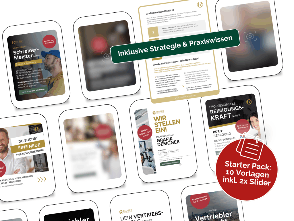 Darstellung der Recruiting Master-Bundle Inhalte mit Canva-Vorlagen, Strategietipps und Hinweis auf schnelle Anpassung für Unternehmen.