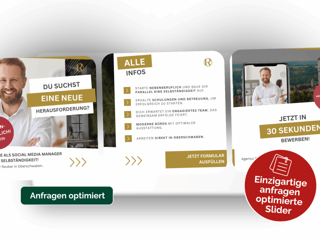 Übersicht verschiedener Recruiting-Vorlagen aus dem Recruiting Master-Bundle mit Slider-Beispielen und Hinweis auf anfragenoptimiertes Design.