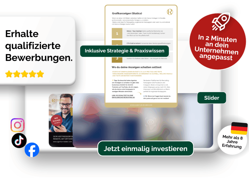 Recruiting Master-Bundle mit einzigartigen Slider-Vorlagen und Hinweisen auf Strategie, Praxiswissen und langfristigen Nutzen.